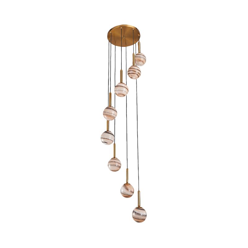 8 Lights Ball Hanging Ceiling Lamp Modern Brown Jupiter Glass Cluster Pendant with Spiral Design