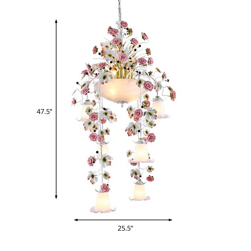 Rose White Glass Ceiling Lamp Romantic Pastoral 10 Bulbs Foyer Chandelier Lighting Fixture