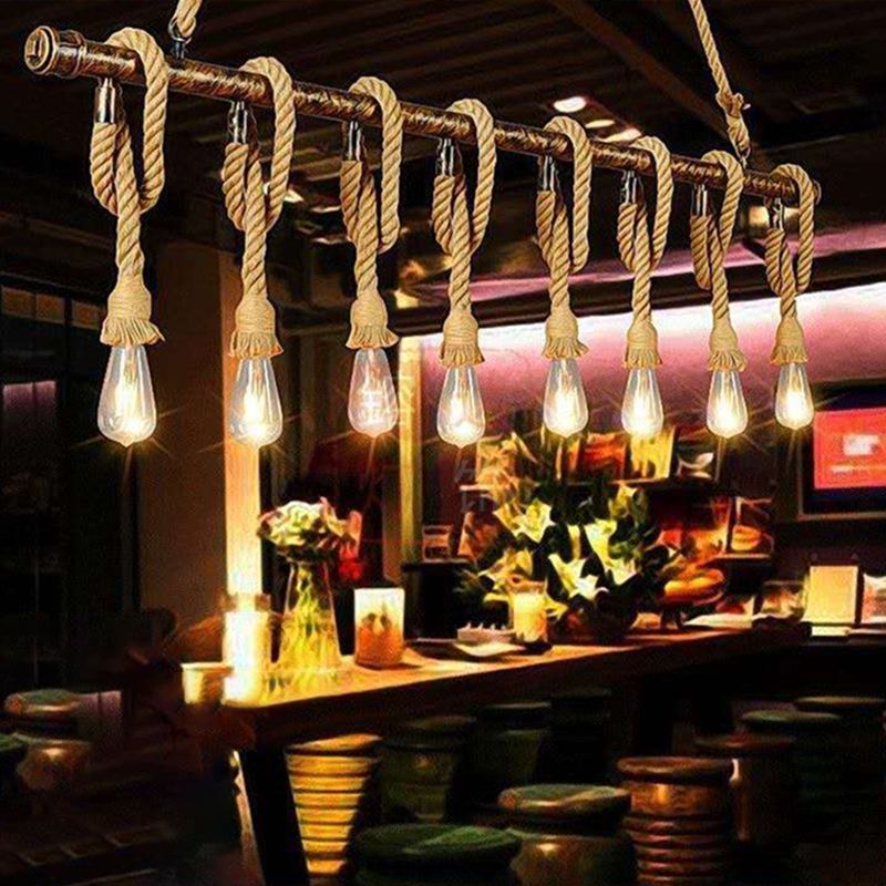 Linear Restaurant Island Pendant Light Retro Style Rope Beige Island Ceiling Light