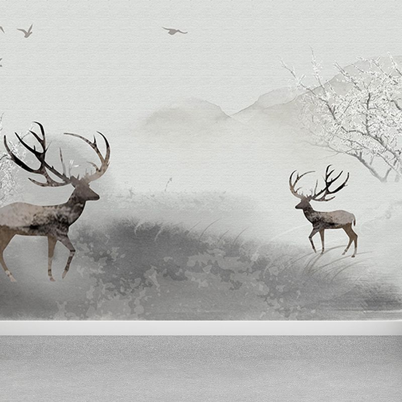Peaceable Reindeer Mural Wallpaper Soft Color Modern Wall Covering for Living Room