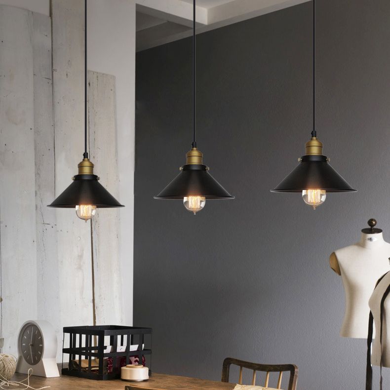 Black Conical Pendant Lamp Industrial Metal 1-Bulb Bistro Suspended Lighting Fixture
