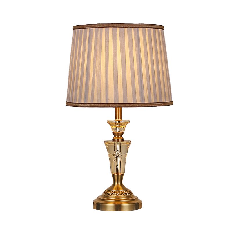 1 Light Night Table Light Countryside Pleated Shade Fabric Nightstand Lamp in Beige/Pink with Crystal Base
