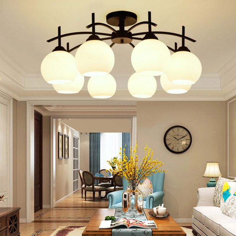 Plafonnier satellite artificiel classique traditionnel en fer forgé semi - encastré avec abat - jour en verre blanc