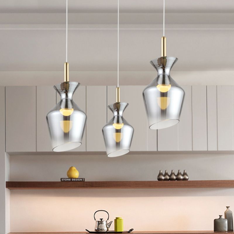 Minimalist LED Ceiling Light Brass Cup-Shape Suspension Pendant with Smoke Gray Glass Shade