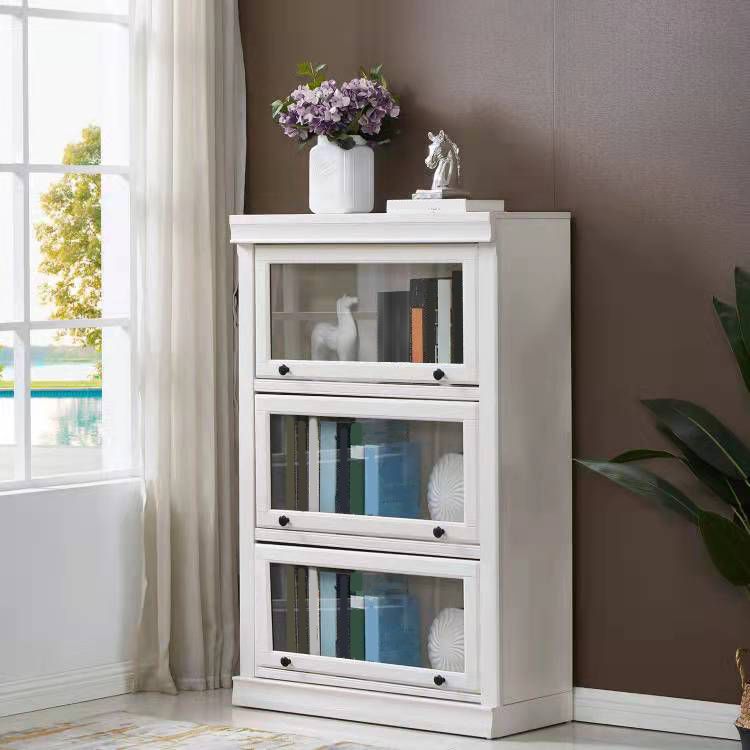 White Vertical Standard Bookcase Solid Wood Bookshelf with Glass Doors