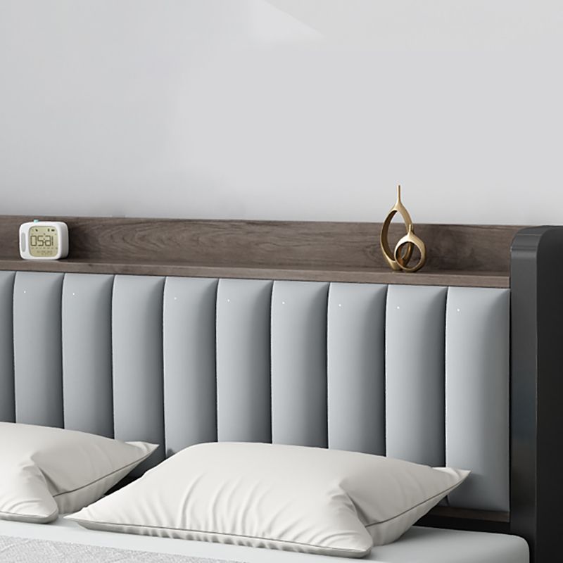 Solid Wood Panel Bed with Upholstered Headboard Standard Bed with Shelves