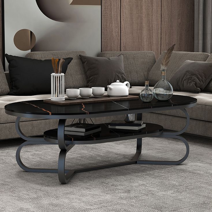 Metal Abstract Base Cocktail Table Oval Slate Top Coffee Table with Shelf
