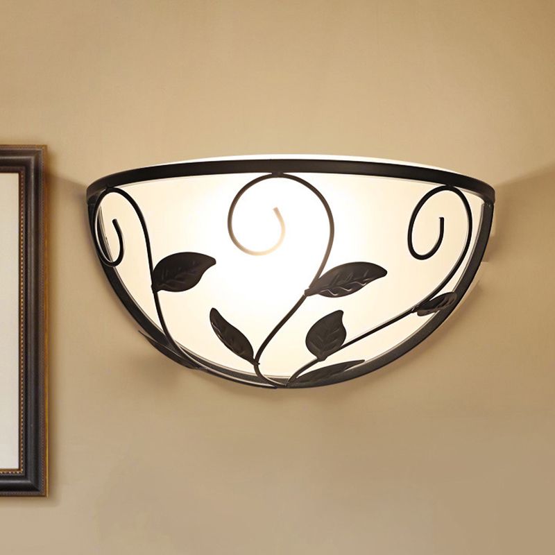 Half Moon Bedroom Wall Sconce Vintage White Glass 1 Head Black Wall Lighting with Leaf Design