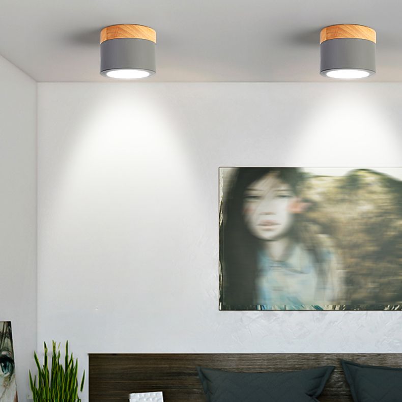 Cylinder Modern Flush Mount Metal and Wood LED Ceiling Flush Lighting