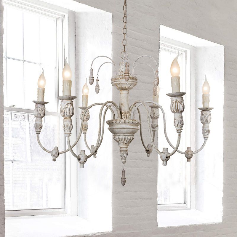 Hand Carving Aged Solid Wood Chandelier 6-light Rustic Style Candlestick Design Lighting Fixture for Coffee Shop