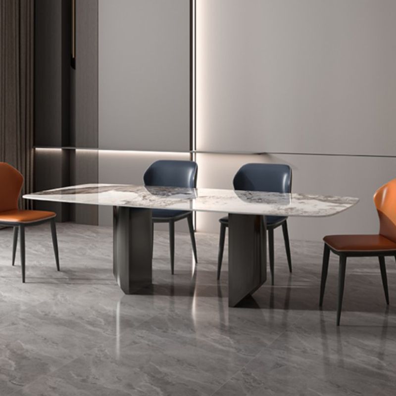 Industrial Double Pedestal Dining Table Rectangle Stone Top Dining Room Table