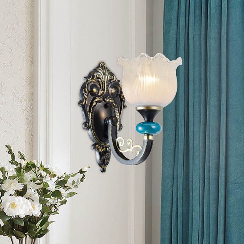 1/2-Bulb Floral Sconce Light Fixture Antiqued Black Opal Ribbed Glass Curved Arm Wall Mounted Lamp