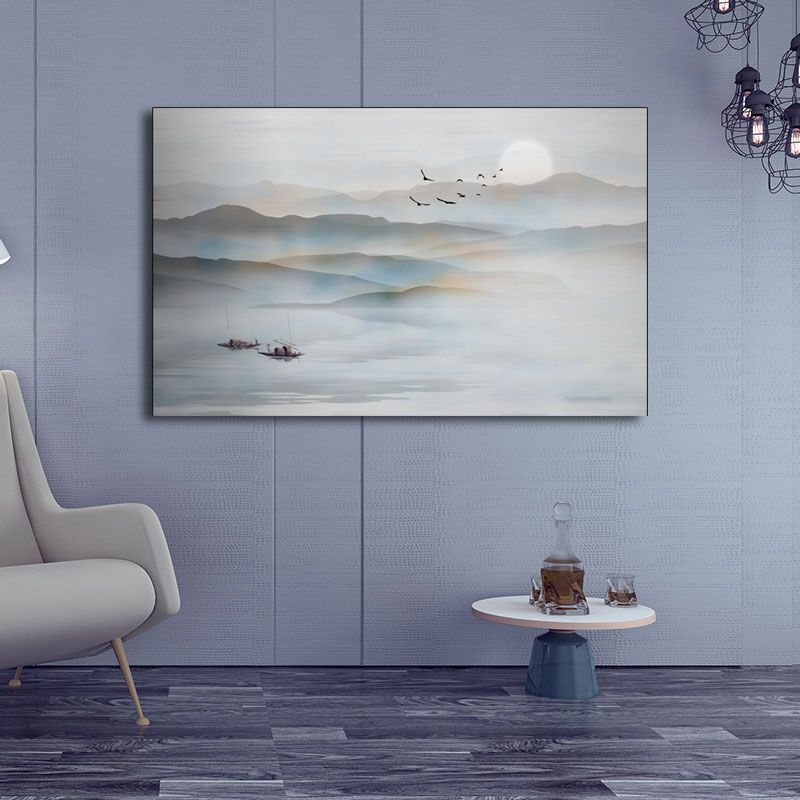 Chinese Foggy Mountains Wall Art Light Color Textured Canvas Painting for Bedroom