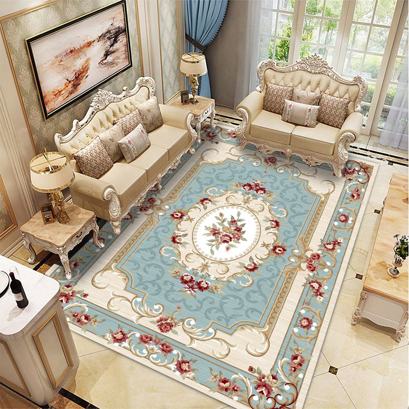 Wine Red Vintage Rug Polyester Medallion Rug Washable Rug for Drawing Room