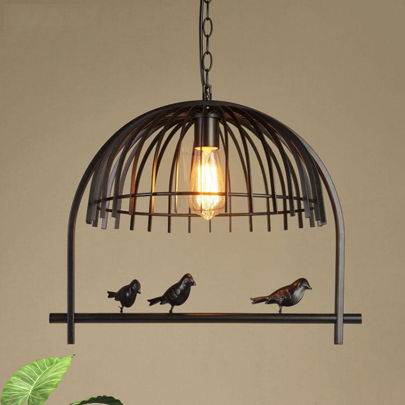 Lodge Style Birdcage Design Hanging Light Fixture 1 Head Iron Pendant Lighting with Wire Dome Shade in Rust/Black