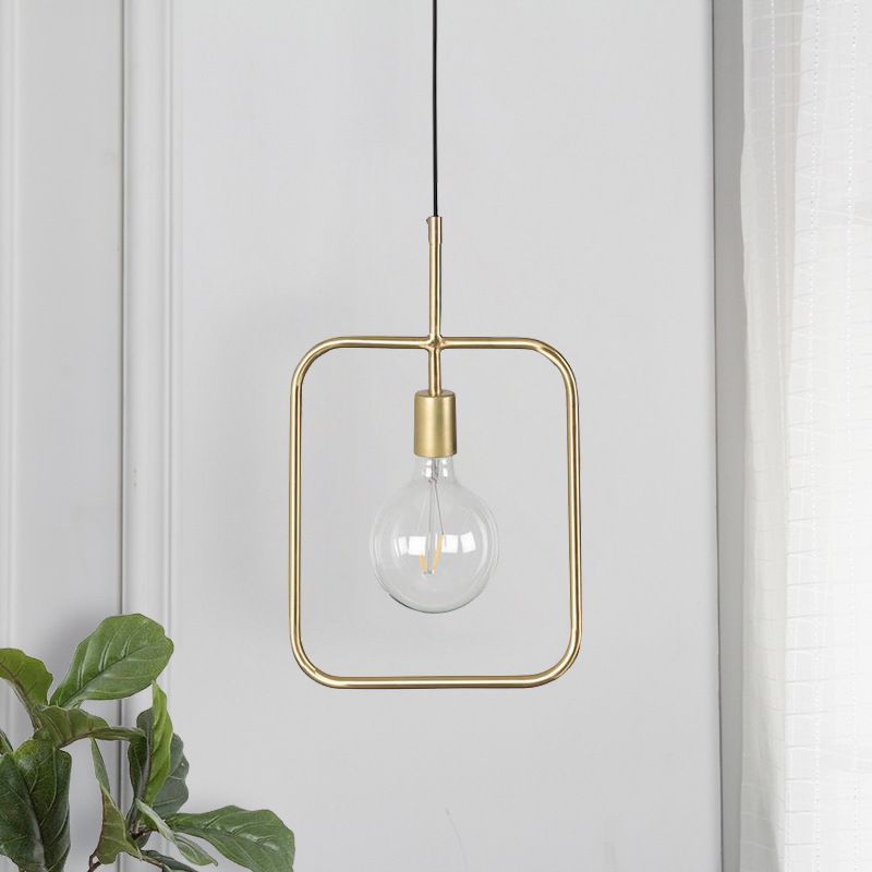 Exposed Bulb Pendant Light Fixture Contemporary Metal 1 Light Gold Square Skeleton Hanging Ceiling Light