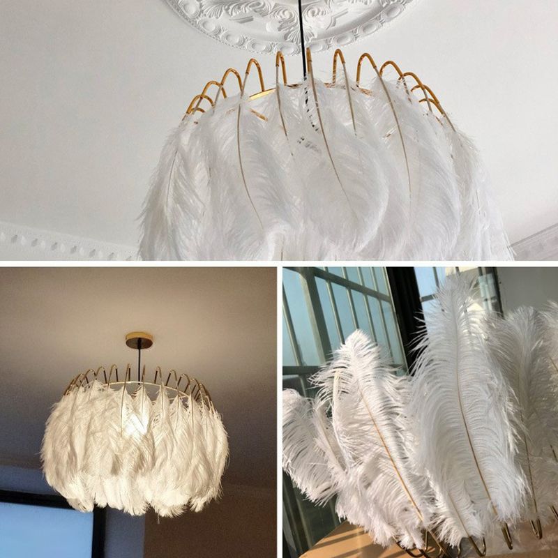 White Circle Suspension Lighting Nordic Single-Bulb Feather Pendant Light for Bedroom