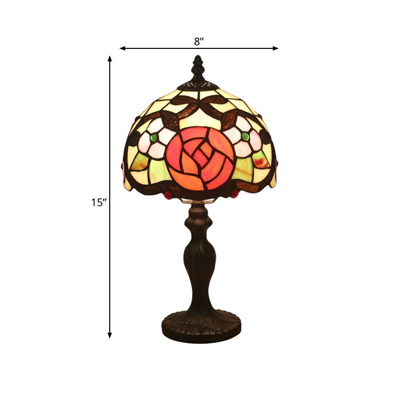 Illuminazione da scrivania con motivo vittoriano a rose, lampada da comodino in vetro tagliato a 1 testa in bronzo con paralume a cupola
