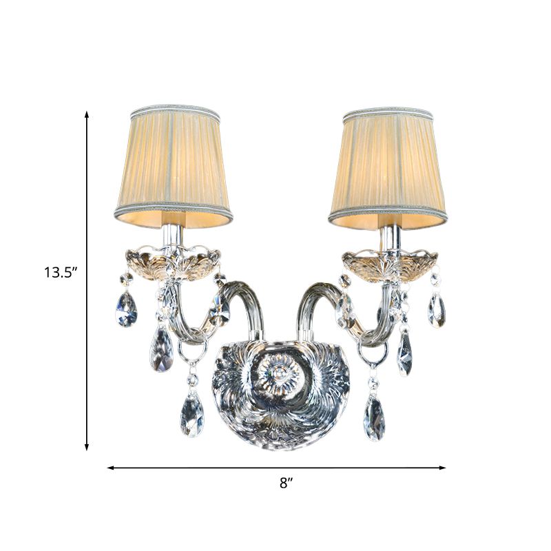 Gathered Fabric Tapered Sconce Light Modernism 2 Heads Bedside Wall Mounted Lamp with Clear Curved Glass Tube Arm