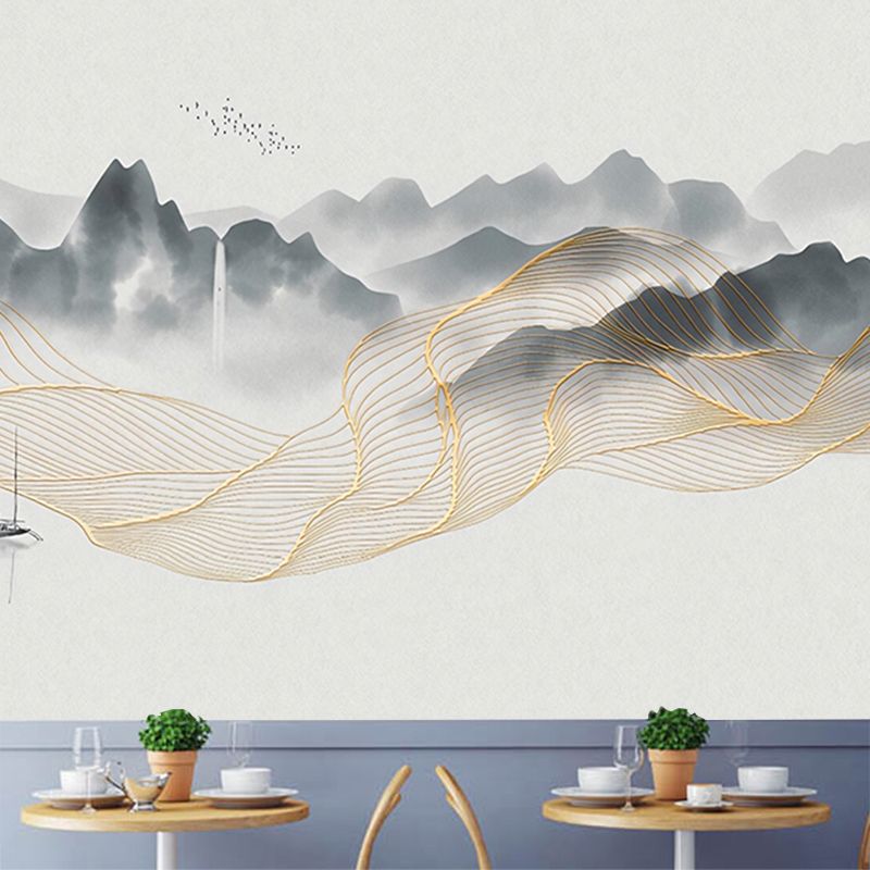 Yellow and Grey Mural Wallpaper Boat and River Stain-Resistant Wall Art for Guest Room