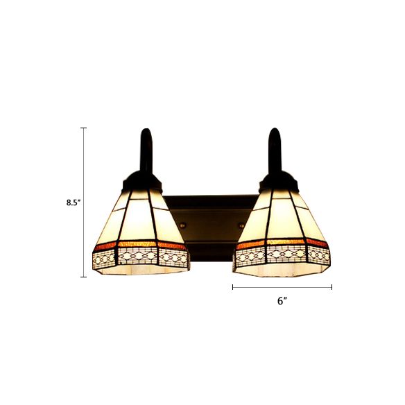 Cone Sconce Light Fixture Tiffany Beige Glass 2 Heads Black Wall Mounted Lighting