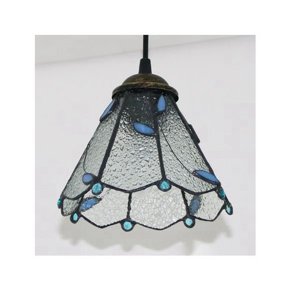 Tiffany Conical Hanging Light 1 Bulb Blue/Clear/Blue-Clear Cut Glass Ceiling Suspension Lamp for Dining Room