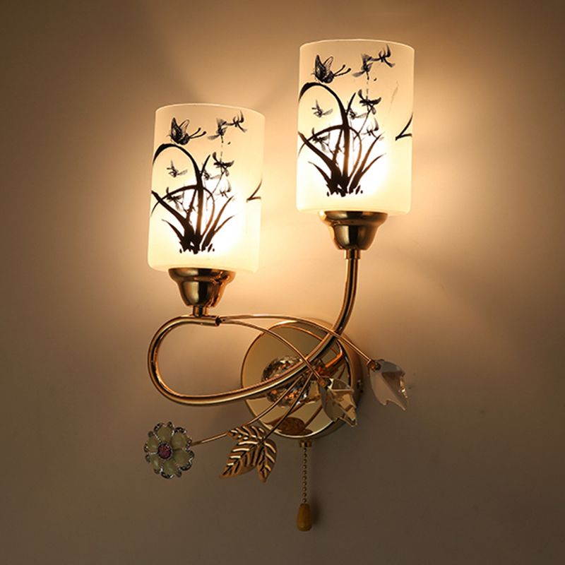 Lámpara de pared cilíndrica de vidrio de pintura a mano 2 luces de oro de 2 luces de oro