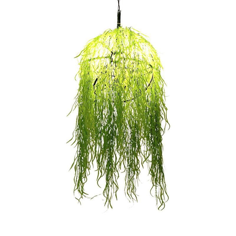Globe Cage Dining Room Pendant Lamp Loft Metal 5 Heads Green Chandelier Lighting Fixture with Rattan Deco