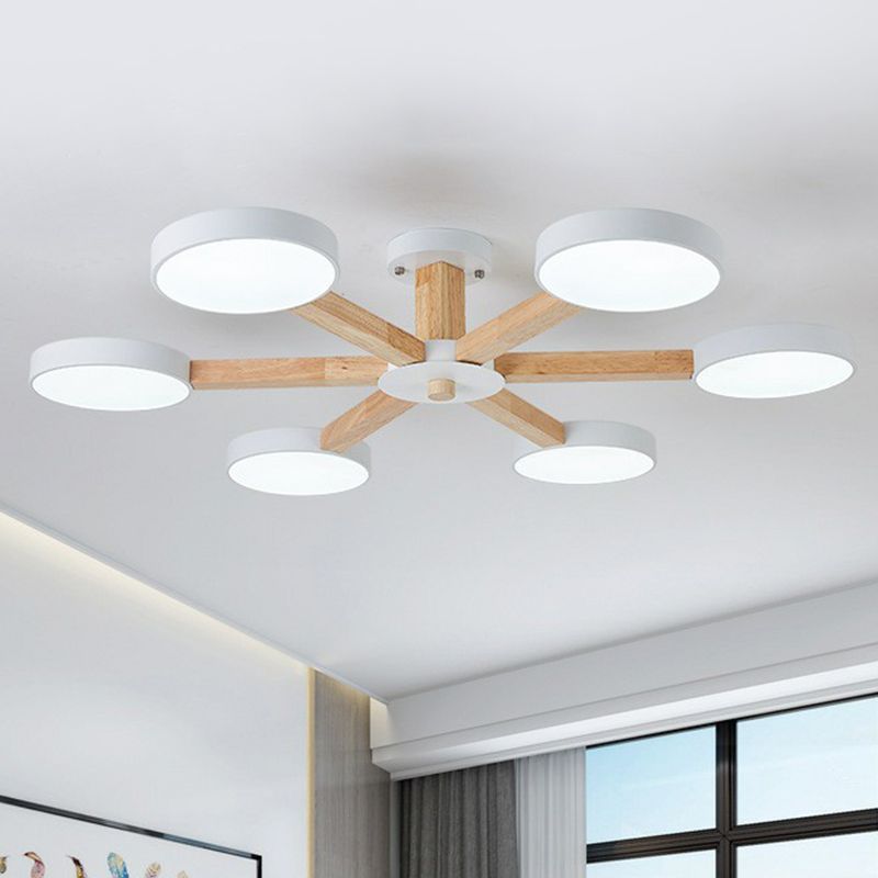 Radial Living Room Semi Flush Light Wooden 8 Heads Macaron Ceiling Flush Mount with Round Acrylic Shade