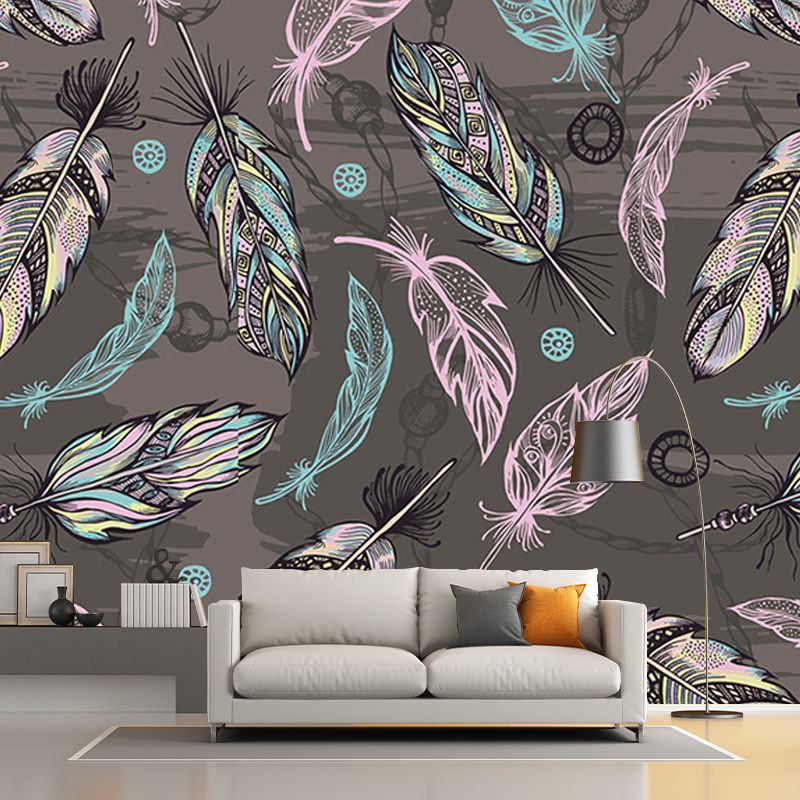 Grey-Pink-Green Feathers Murals for Wall Decoration Modern Living Room Wall Covering