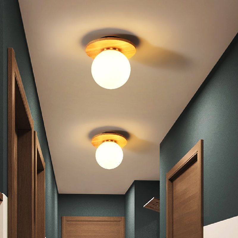Contemporary Sphere Flush Light Fixture Wood 1 Light Flush Mount Lamps in Brown
