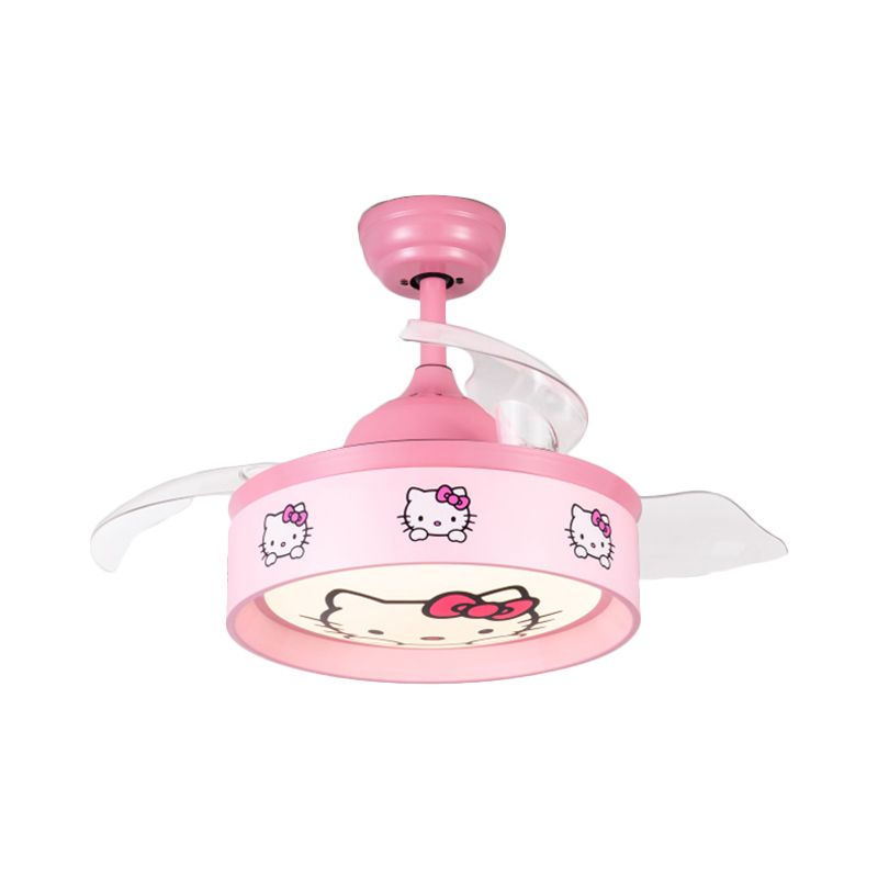 Ventilador de techo de dormitorio LED de 36 "W Luce Niños Pink/Blue 3 Lámpara de semi Flush Lámpara con tono de metal de tambor Patrón de gato de dibujos animados