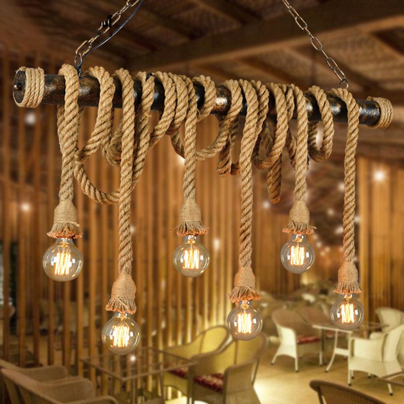 Industrial Hanging Light Exposed Bulb Island Lamp with Rope for Restaurant