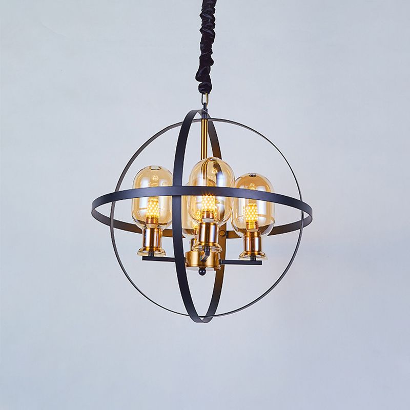 Amber Glass ellips hanger kroonluchter hedendaagse 4/6-licht black-gouden suspensielamp met orb frame ontwerp