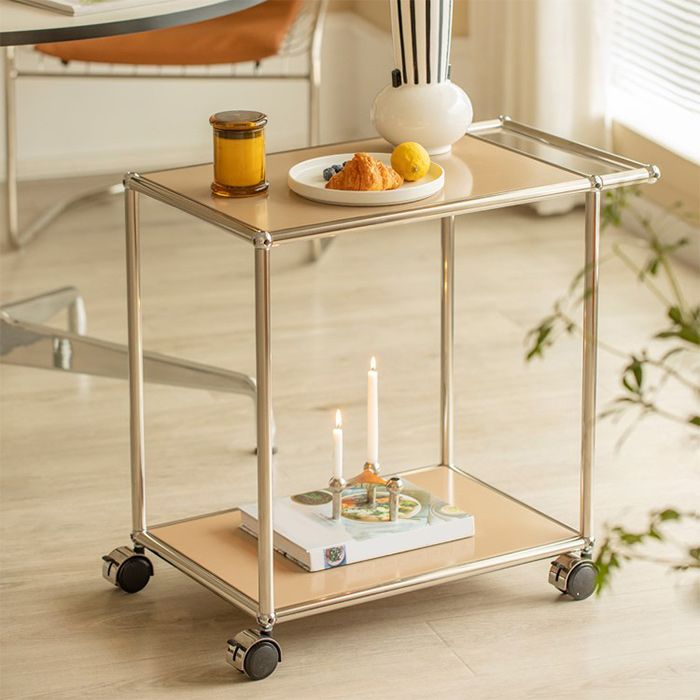 Rectangular Metal/glass Side Table with Wheel Base Mid-century Modern Style