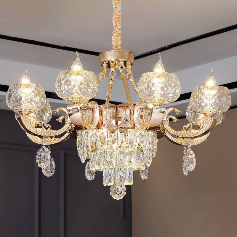 Faceted Glass Gold Chandelier Lighting Oblate Classic Pendant Light with Crystal Draping