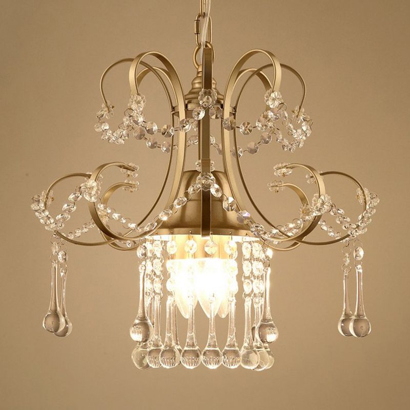 Gold 3 Lights Ceiling Chandelier Contemporary Metal Scrolling Pendulum Lamp with Crystal Accent