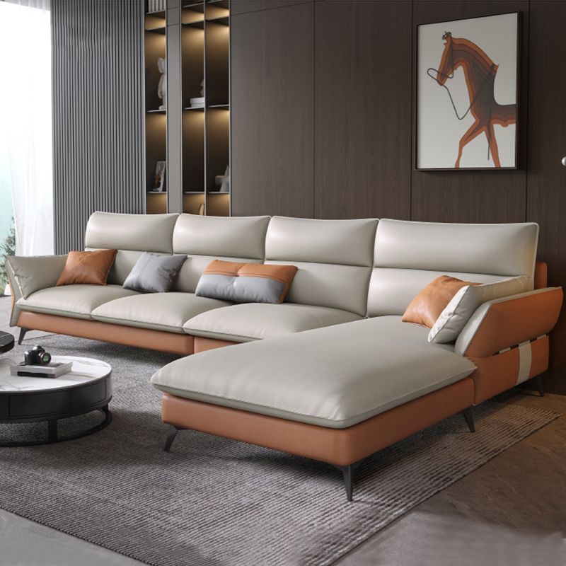 Vintage Sewn Pillow Back Sofa & Chaise 4-seat Faux Leather Sofa