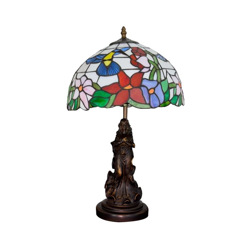 Magpie/flor de cúpula estampada lámpara nocturna Tiffany White/beige Vidrete 1 cabezal de mesa de bronce Luz con pedestal de ángel