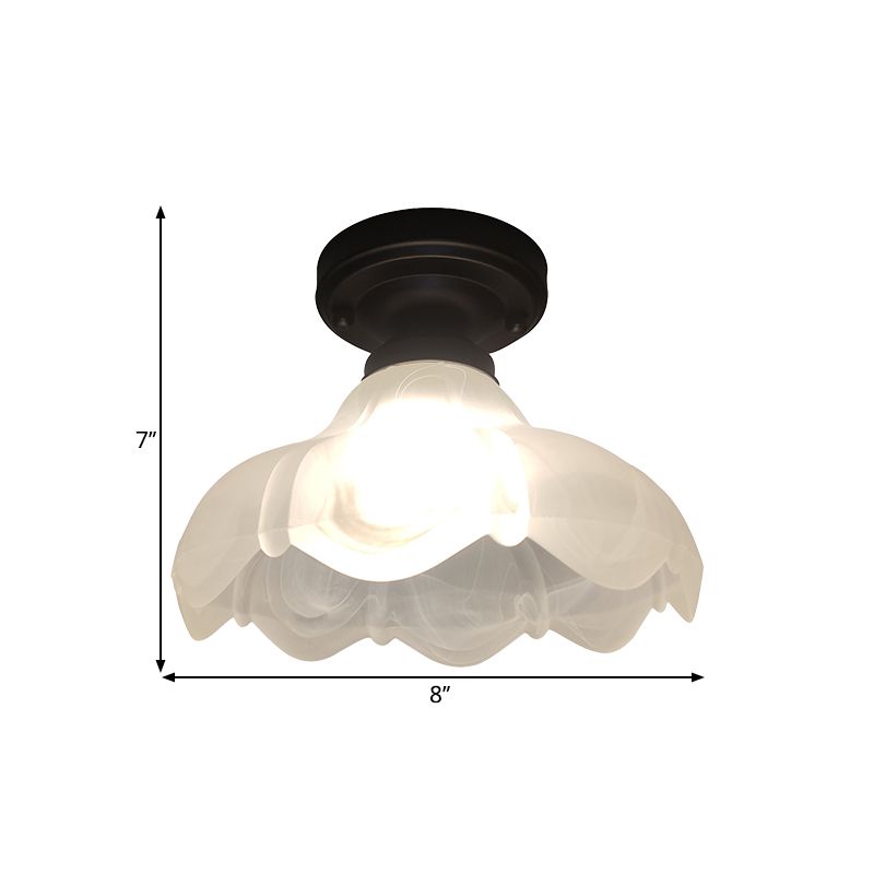 Single Head Flush Mount Countryside Flower White Ribbed Glass Ceiling Fixture in Black