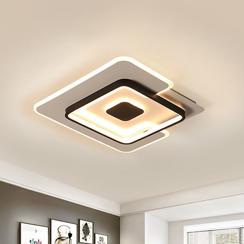 Thin 2-Layer Squared Bedroom Flushmount Iron Modernist LED Ceiling Lighting in Black and White, 18"/21.5" Width
