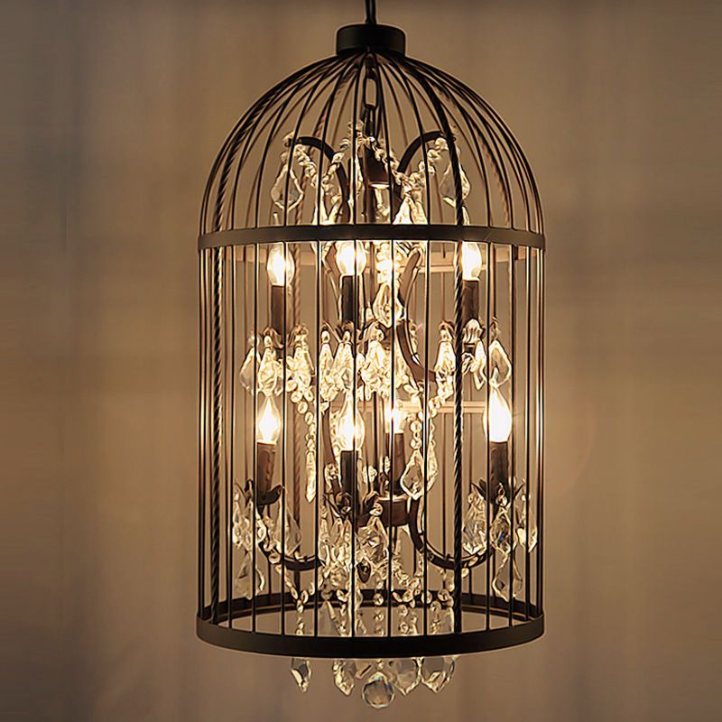 Retro Industrial Style Chandeliers Light Wrought Iron 8-Light Cage Shaped Coffee Shop Hanging Lamp with Crystal Decorative Pendant