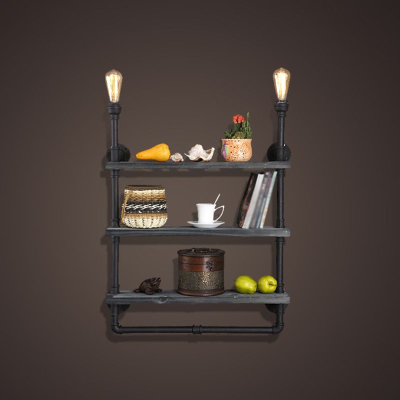 Water Pipe Shelf Iron Wall Lamp Rustic Style Restaurant Wall Light Fixture in Black