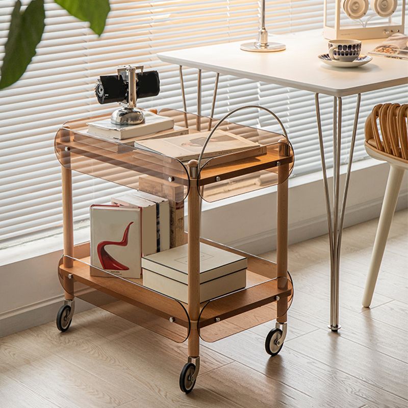 Rectangular Solid Wood End Table with Casters 28.7" Tall 2-Tier Side Table in Brown