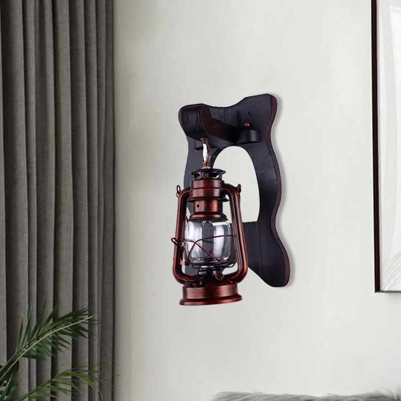 1 Light Wall Sconce Industrial Lantern Clear Glass Wall Lighting Ideas in Copper with Wooden Backplate