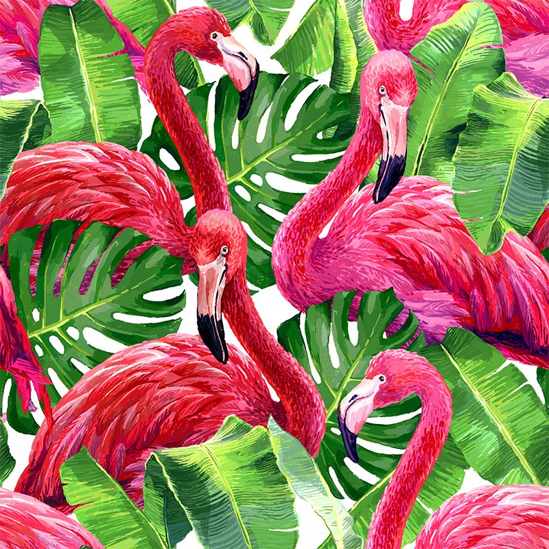 Flamingo and Leaves Wall Mural Tropical Decorative Girls Room Wall Covering, Custom