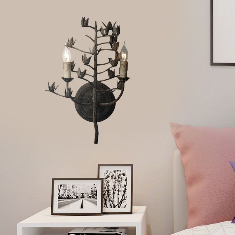 Branch Metallic Wall Mount Lamp Rustic 2 Lights Bedroom Sconce Light Fixture in Dark Gray