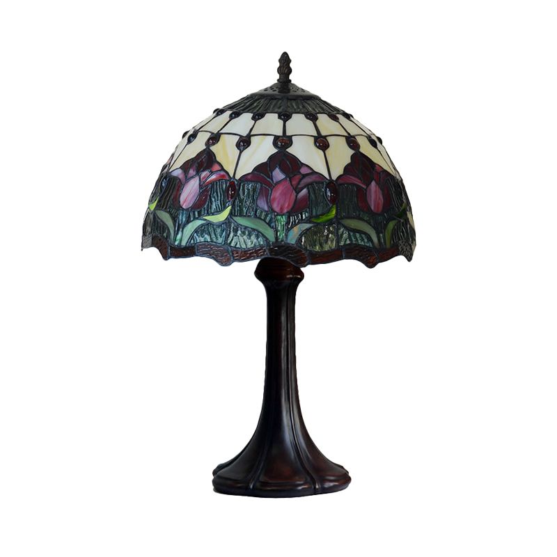 Flower Patterned Table Light Tiffany Style Stained Glass 1 Bulb Bronze Night Lamp