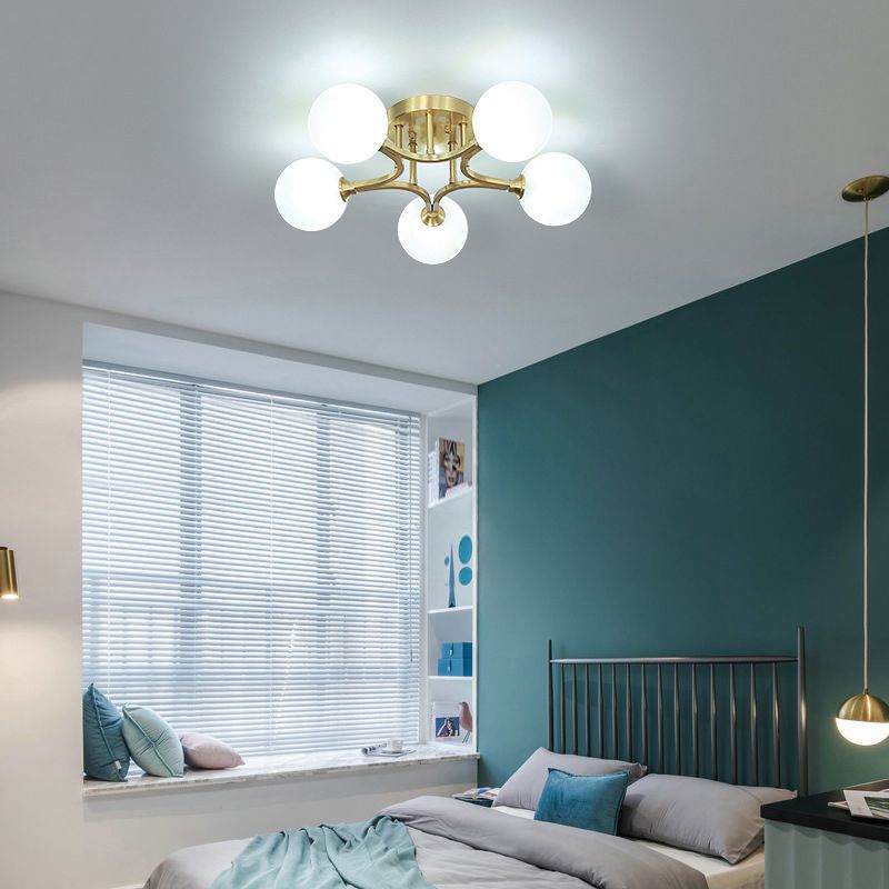 Sphere Bedroom Semi Flush Mount Light Glass Nordic Style Ceiling Light in Gold