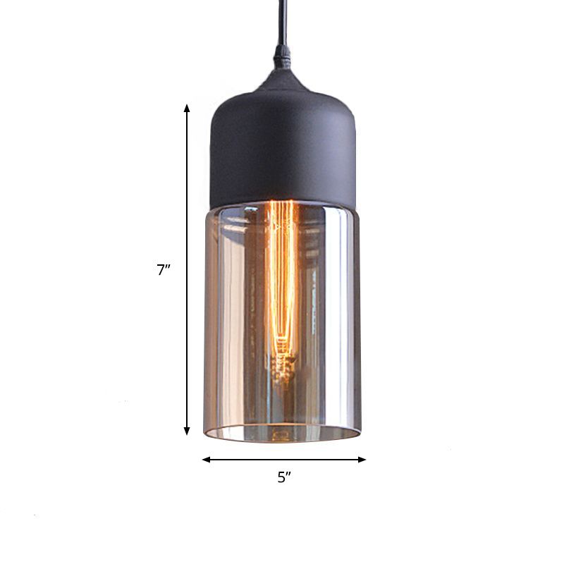 Luce industriale a pendente cilindro 1 Luce a soffitto appeso in vetro marrone chiaro in nero, 5 "/7"/8 "di larghezza